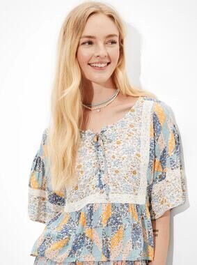 NWT American Eagle Floral Lace-Up Flutter Sleeve Blouse Size S
